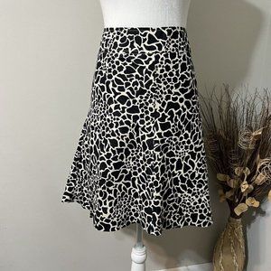 Merona Womens Animal Print 100% Linen Flare Lined Skirt Black Tan Side Zipper 12